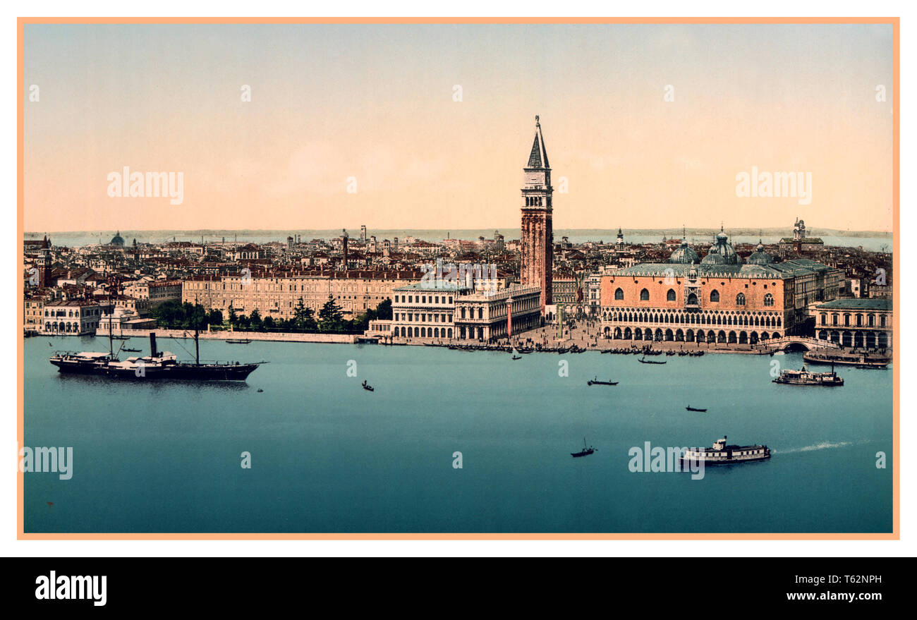 ARCHIVE VENICE HISTORIC Vintage Old Historic Wide View Photochrom Doges' Palace, and Saint Marks Basilica Square Venice, Italy 1900 Photochrome evocative artistic Grand Canal view Venice, Italy. Using post colouring technique via transfer onto lithographic printing plates from Black and White negative images. Chromolithograph process. 1890's Venice Photochrom Doges' Palace, Venice, Italy 1900 Stock Photo