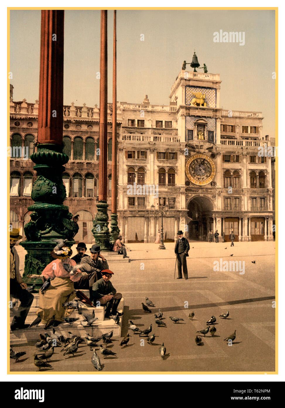ARCHIVE HISTORIC VENICE 1890’s-1900 Torre dell 'Orologio Clock,VINTAGE VENICE TOURISTS Photochrom Historic Vintage Old Venice St. Mark's Basilica Square Piazza Tourists 1890’s Fashion clothing style and the clock tower 1890-1900 Chromolithograph post colour photochrom printing technique Photochrom image St. Mark's Square and Torre dell 'Orologio Clock, Venice, Italy 1900 Stock Photo