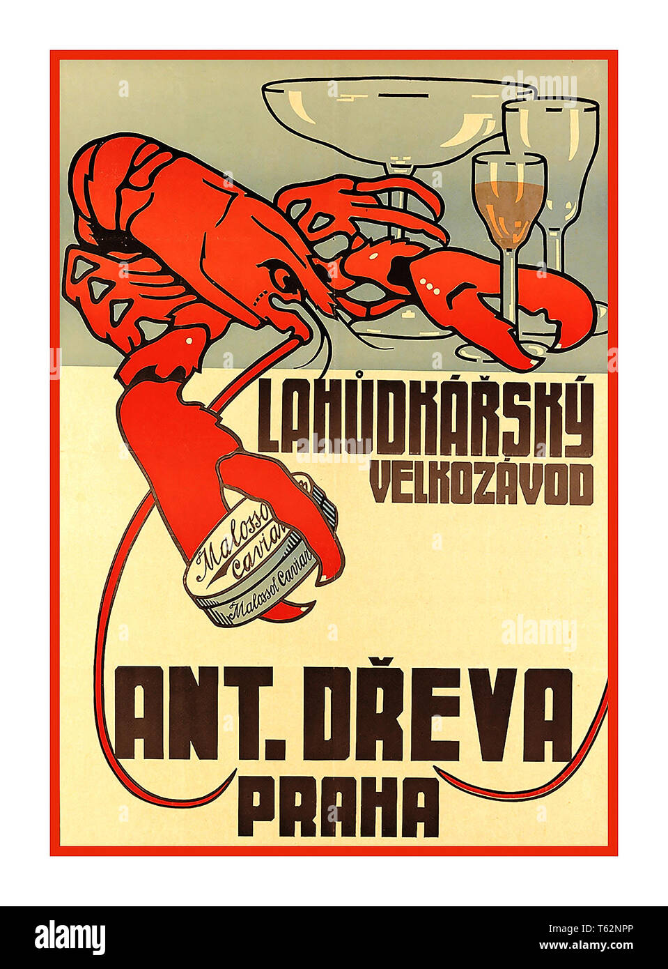 Lobster Caviar Champagne Vintage 1900's Czech food delicacies poster “A Delicious Delight!”  Czech advertising poster promotes the skills that produce Ant Dřeva’s luxury delicacies such as caviar, lobster and wine. Prague Czechoslovakia artist Vojtěch Holman (Czech, born 1875) Stock Photo