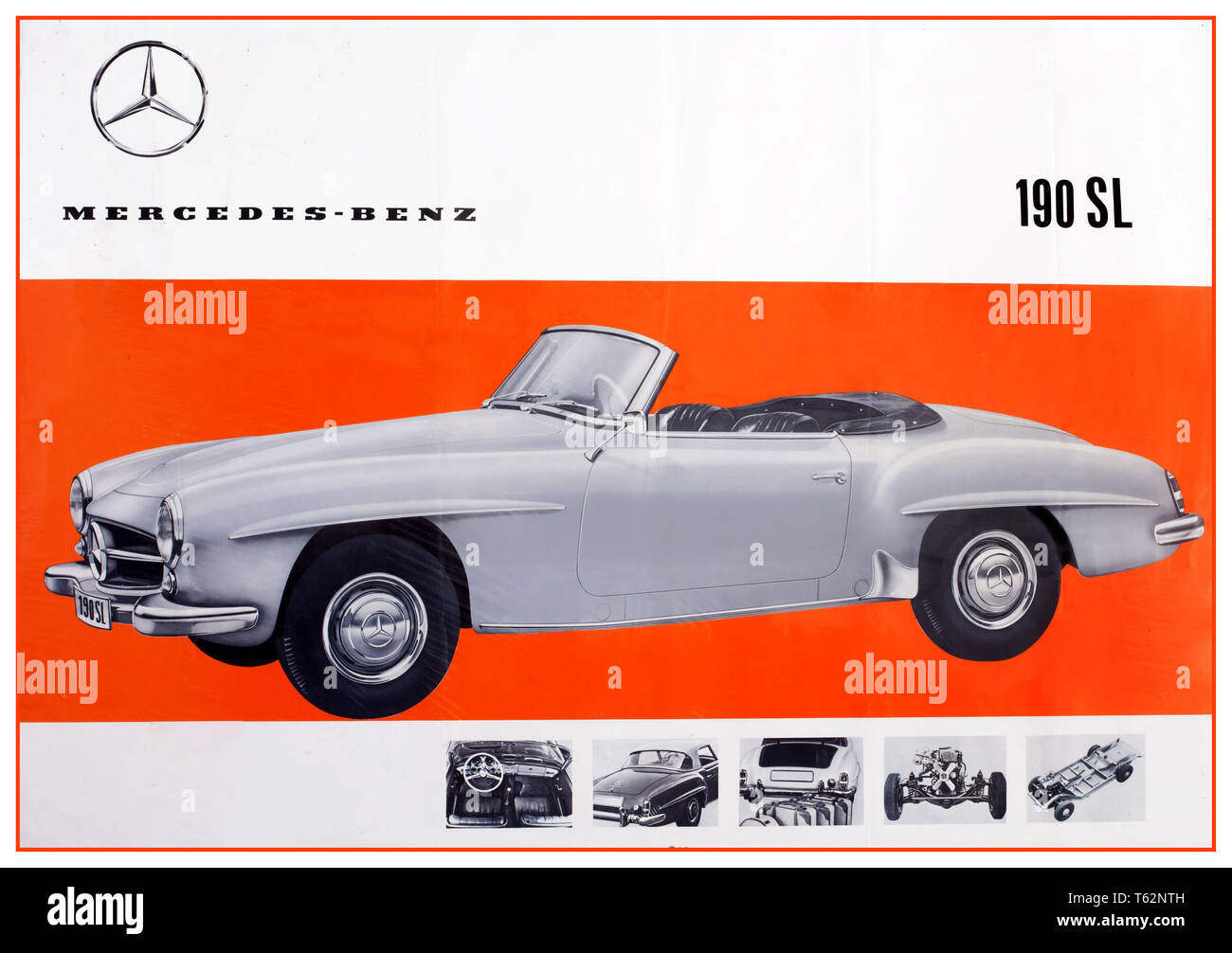 Mercedes-Benz 190 SL 1950's sales brochure for The Mercedes-Benz 190 SL (W121)  a two-door luxury roadster produced by Mercedes-Benz between May 1955 and February 1963. Internally referred to as W121 (BII or B2), it was first shown in prototype at the 1954 New York Auto Show, and was available with an optional removable hardtop. The 190 SL presented an attractive, more affordable alternative to the exclusive Mercedes-Benz 300 SL Stock Photo