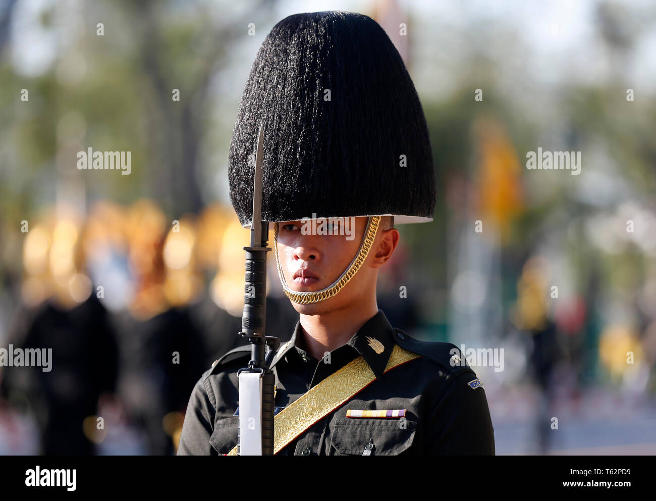 A soldier seen during the processions rehearsal ahead of the royal coronation of Thailand's King Maha Vajiralongkorn Bodindradebayavarangkun (Rama X) in Bangkok. Stock Photo