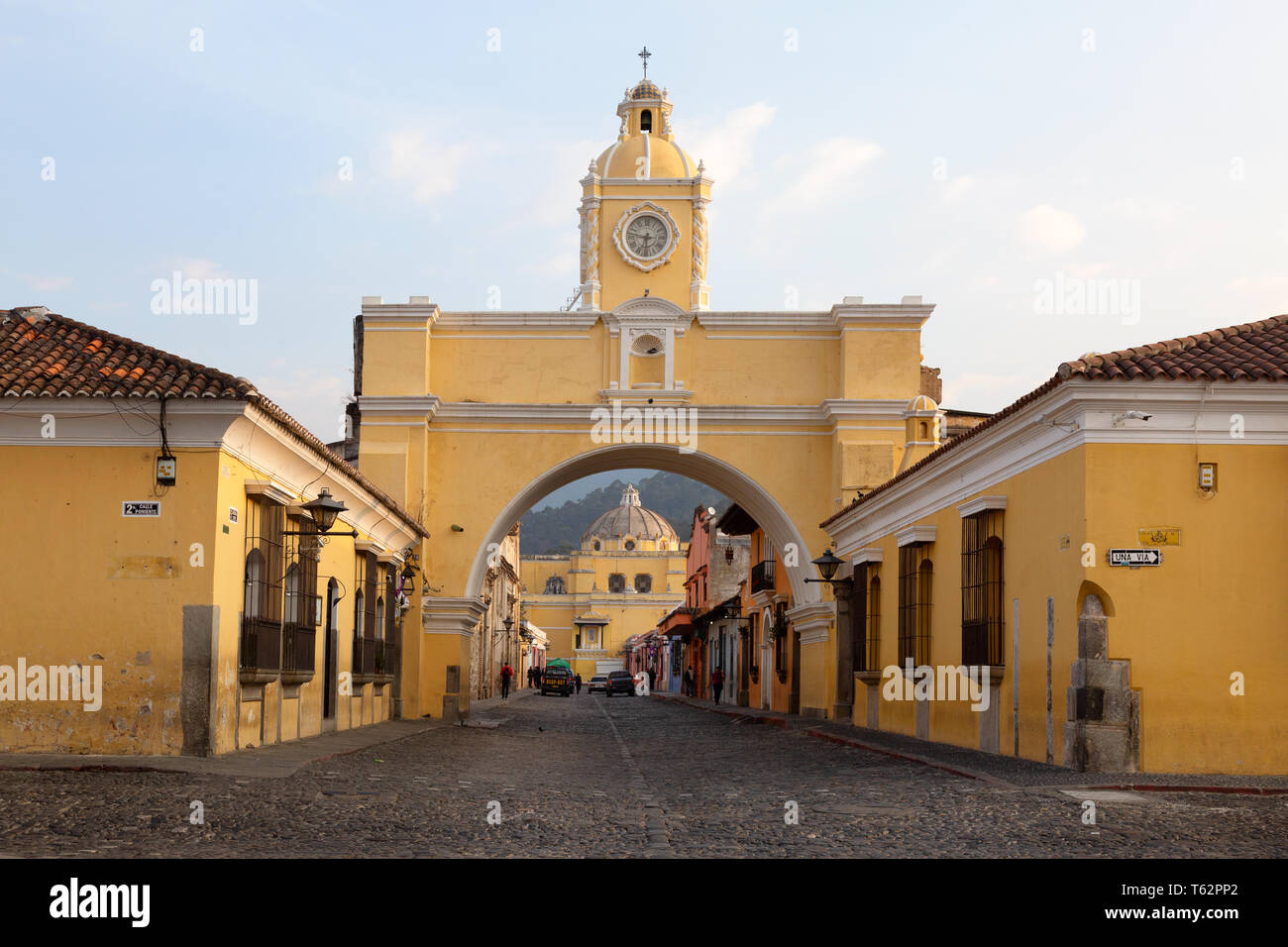 Guatemala Antigua town; UNESCO world Heritage site; The Santa Catalina Arch and local people, Antigua Guatemala Central America Stock Photo