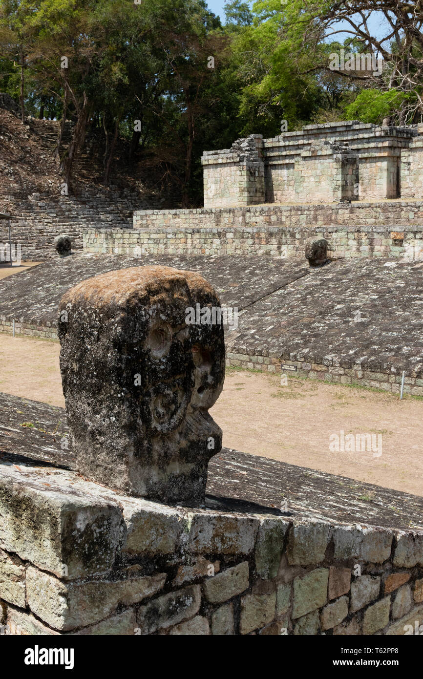 The Ball Game, or Ball Court with the parrot-head targets, Copan ancient mayan ruins, UNESCO world heritage site, Copan Honduras Central America Stock Photo