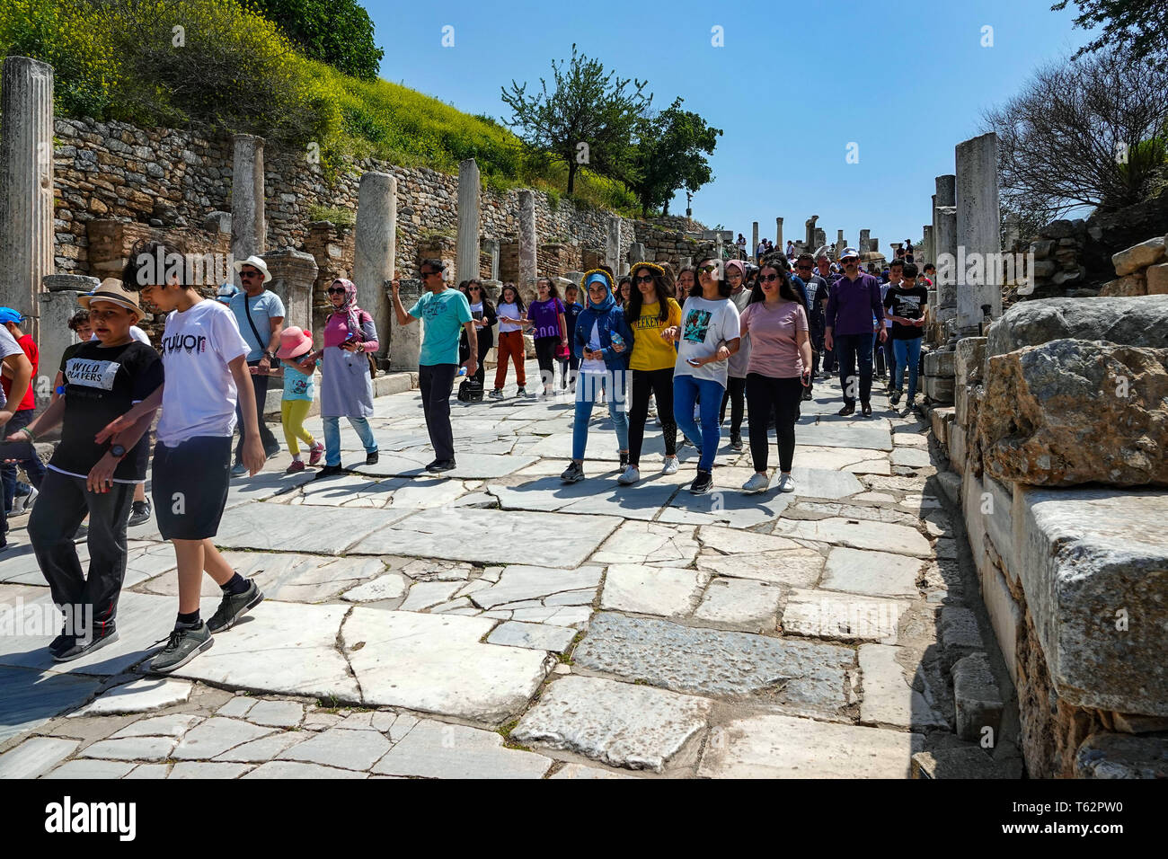 Curettes Street and views of popular tourist site of Ephesus, UNESCO heritage site, Selçuk, Turkey, Stock Photo