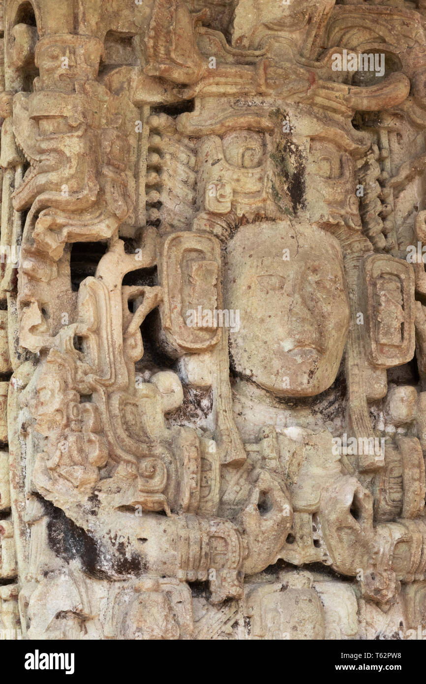 Maya ruins Copan Honduras Central America. Carving from Stele N