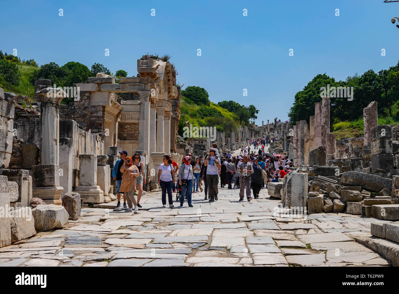 Curettes Street and views of popular tourist site of Ephesus, UNESCO heritage site, Selçuk, Turkey, Stock Photo