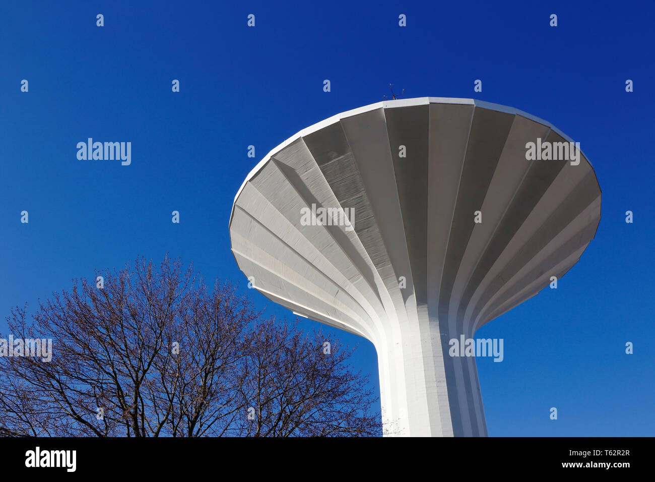 Low angel view of the mushroom shaped water tower Svampen located in Orebro, Sweden. Stock Photo