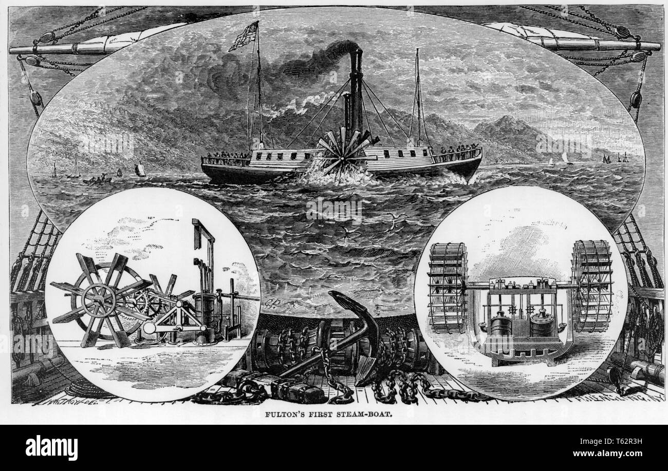 1800s ILLUSTRATED DEPICTION OF ROBERT FULTON'S FIRST STEAMBOAT CLERMONT 1807  - asphp4319 ASP001 HARS VESSEL Stock Photo