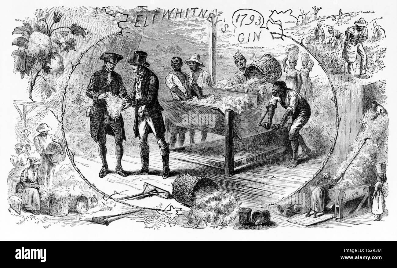 1790s ILLUSTRATION AFRICAN AMERICAN SLAVES OPERATING ELI WHITNEY'S COTTON GIN INVENTED 1793 WHICH MADE COTTON A PROFITABLE CROP - asphp4320 ASP001 HARS AFRICAN AMERICANS Stock Photo