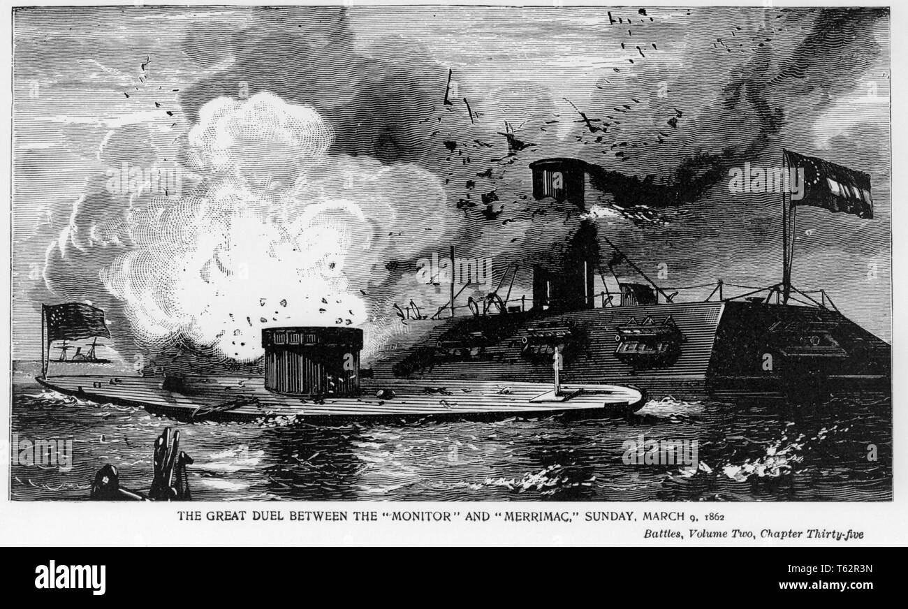 1860s BATTLE OF IRONCLADS BETWEEN CONFEDERATE MERRIMACK THE VIRGINIA AND UNION MONITOR CIVIL WAR SHIPS SUNDAY MARCH 9th 1862  - asphp4337 ASP001 HARS CONFEDERATE ILLUSTRATED 1862 AMERICAN CIVIL WAR BATTLES BLACK AND WHITE CIVIL WAR CONFLICTS HAMPTON ROADS IRONCLAD IRONCLADS MERRIMACK OLD FASHIONED REPRESENTATION Stock Photo