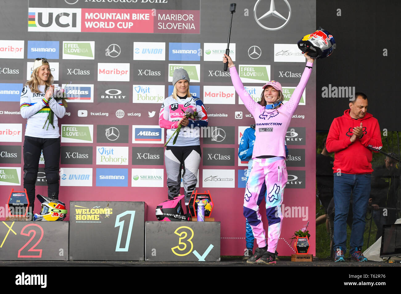 From left to right, second Rachel Atherton of Great Britain, first Tahnee Seagrave Great Britain and third Tracey Hannah are seen on the podium after the UCI Mountain Bike World Cup Finals in Maribor. Stock Photo