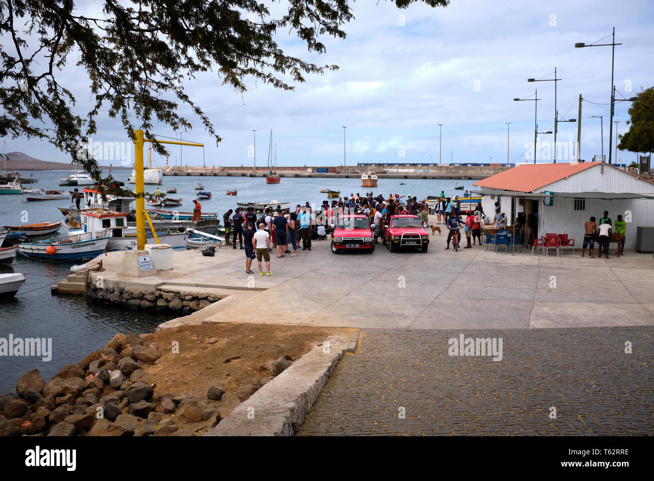 Outdoor Fish Market On The Pier Of A Small Fishing Village, Palmeria Town, Baía de Palmeira, Sal Island, Cape Verde, Africa Stock Photo