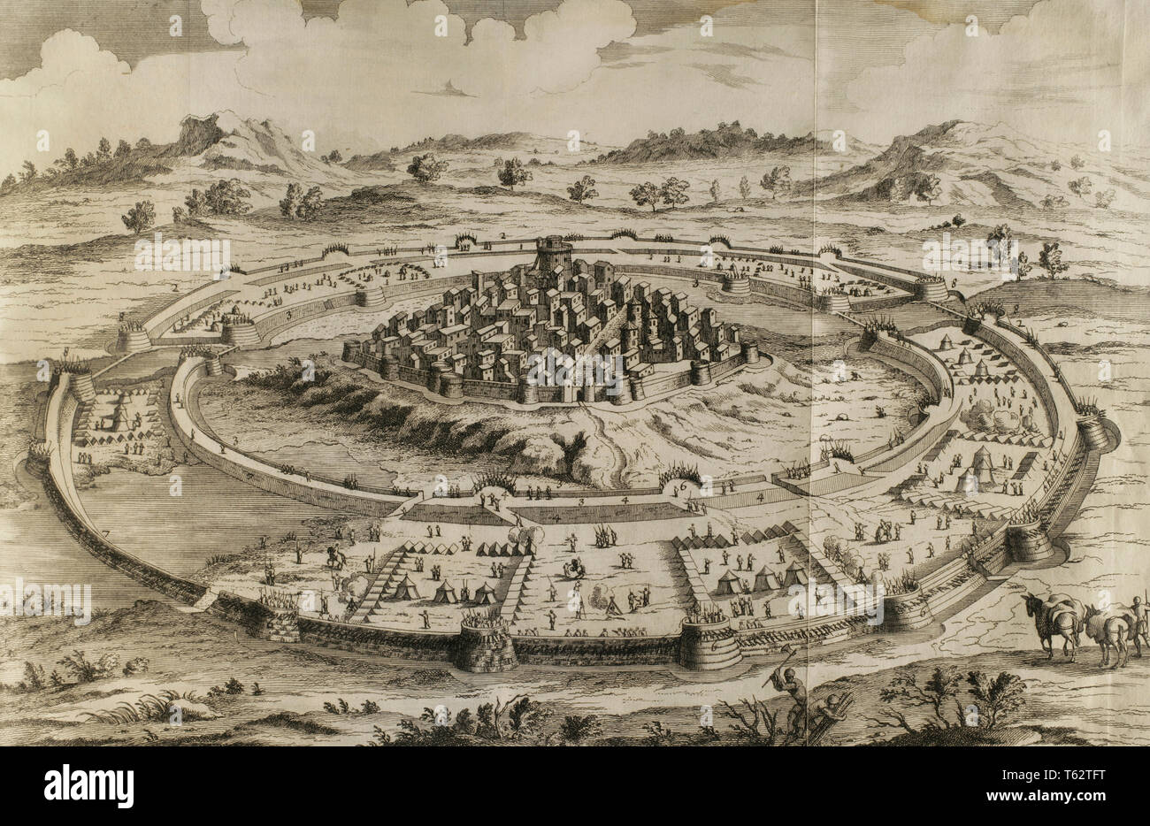 History by Polybius. Volume II. French edition translated from Greek by Dom Vincent Thuillier. Comments of Military Science enriched with critical and historical notes by M. De Folard. Paris, chez Pierre Gandouin, Julien-Michel Gandouin, Pierre-Francois Giffart and Nicolas-Pierre Armand, 1727. Printing by Jean-Baptiste Lamesle. Numantine War, 154-133 BC. Belligerent: Roman republic and Celtiberian tribes. Siege of Numantia. Numance´s famous blockade and its two surrounding lines. Stock Photo