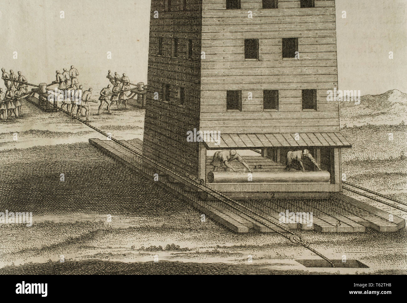 History by Polybius. Volume II. French edition translated from Greek by Dom Vincent Thuillier. Comments of Military Science enriched with critical and historical notes by M. De Folard. Paris, chez Pierre Gandouin, Julien-Michel Gandouin, Pierre-Francois Giffart and Nicolas-Pierre Armand, 1727. Printing by Jean-Baptiste Lamesle. Gallic Wars. Military conflict between Julio Cesar and the Gallic tribes, 58-51 BC. Siege of Namur, 54 BC. Engraving depicting a mobile siege tower, mounted on wooden logs and pushed by soldiers with the help of cranks. Engraving. Detail. Stock Photo