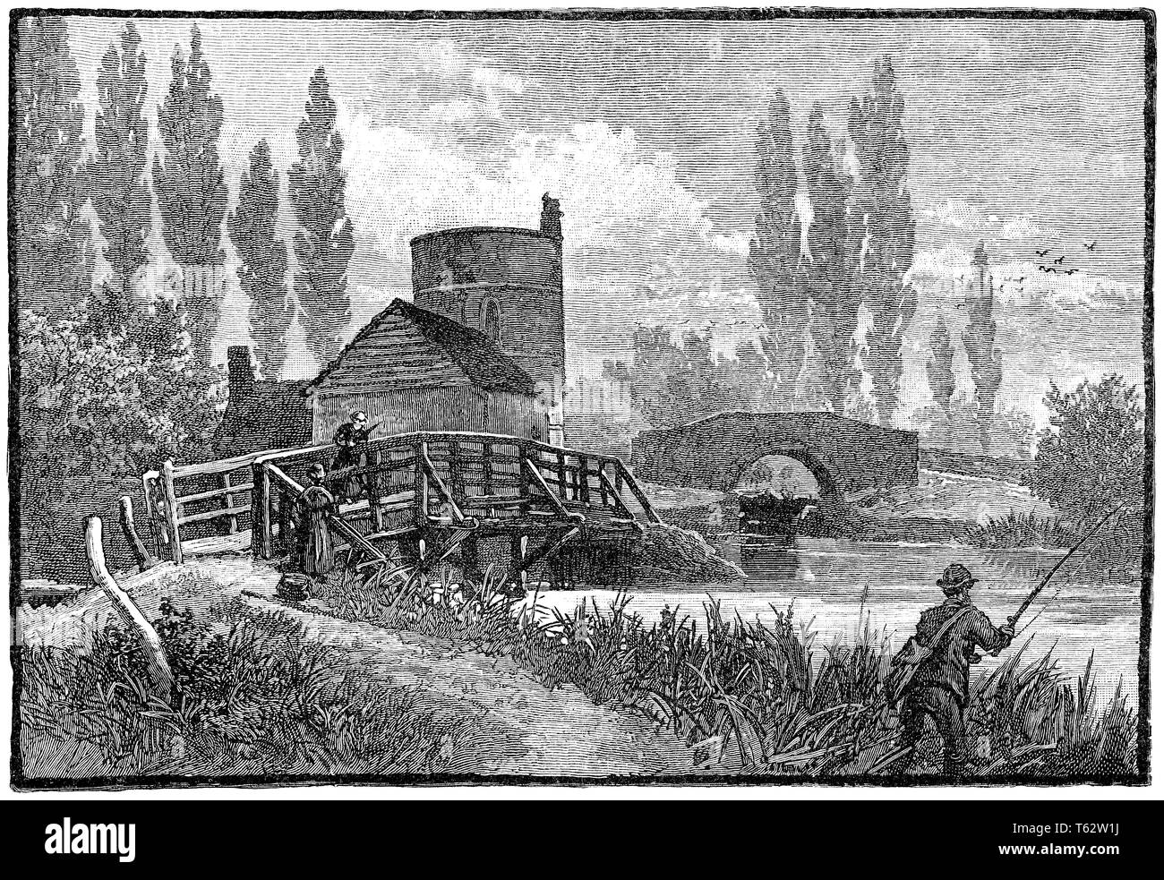 1891 engraving of the roundhouse and bridge at the village of Inglesham in Wiltshire, UK. Stock Photo