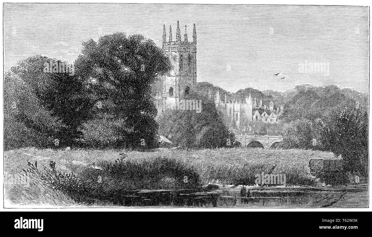 1891 engraving of the Magdalen Tower, part of Magdalen College, Oxford. Viewed from the River Cherwell, Oxfordshire, England. Stock Photo