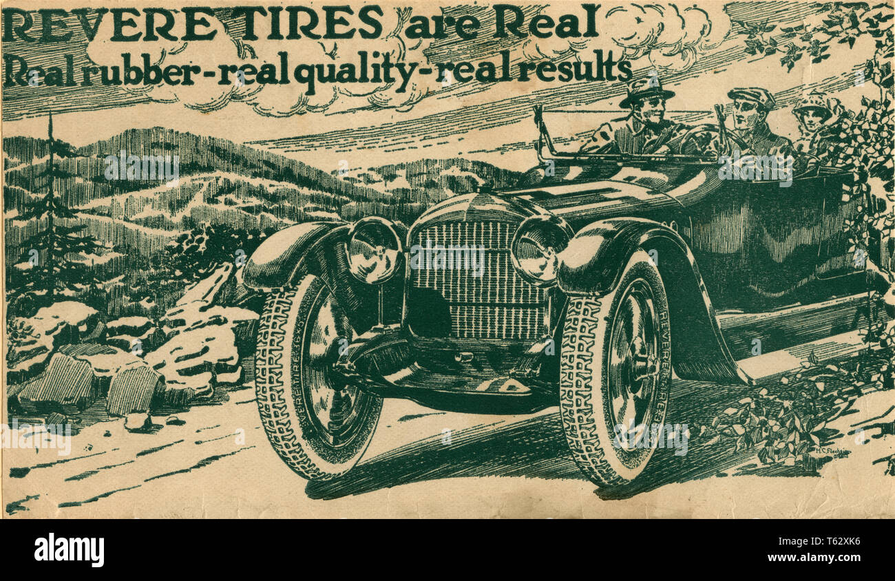 1900s 1910s ADVERTISING FOR REVERE TIRES REAL RUBBER QUALITY RESULT CAR 3 PEOPLE MEN WOMAN IN COUNTRY LANDSCAPE COLOR HALFTONE - km11937 CPC001 HARS EXCITEMENT QUALITY ADS AUTOMOBILES VEHICLES TIRES OLD FASHIONED RESULT Stock Photo