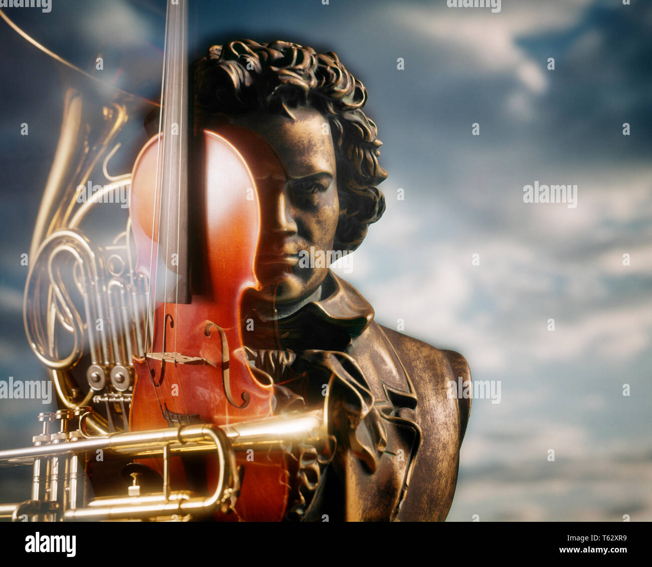 1980s BUST OF BEETHOVEN CLASSICAL MUSIC SYMBOLIC MONTAGE WITH INSTRUMENTS VIOLIN FRENCH HORN AND TRUMPET CLOUDS BACKGROUND  - km7076 PHT001 HARS HEAD AND SHOULDERS BUST AND CAREERS COMPOSITE OF GENIUS OCCUPATIONS COMPOSER MUSICAL INSTRUMENT CONCEPT CONCEPTUAL STILL LIFE IMAGINATION BEETHOVEN 1770 GREATEST SYMBOLIC 9 CONCEPTS CREATIVITY LUDWIG VAN BEETHOVEN SYMPHONIC 1700s 1827 CAUCASIAN ETHNICITY FRENCH HORN OLD FASHIONED REPRESENTATION Stock Photo