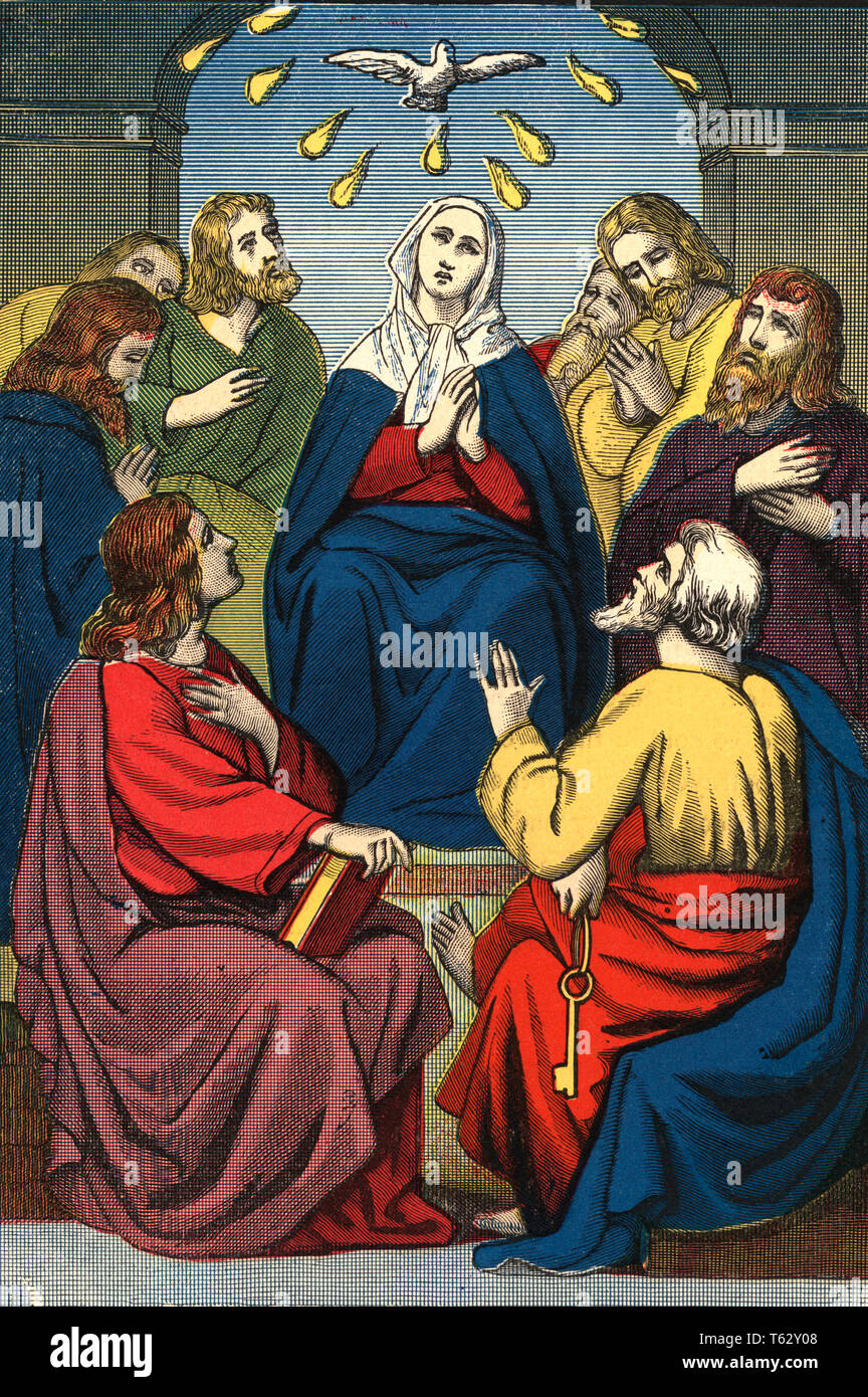 1880s ILLUSTRATION DESCENT OF HOLY GHOST WHITE DOVE VIRGIN MARY APOSTLES JESUS CHRIST PENTECOST  - kr132240 CPC001 HARS OLD FASHIONED Stock Photo