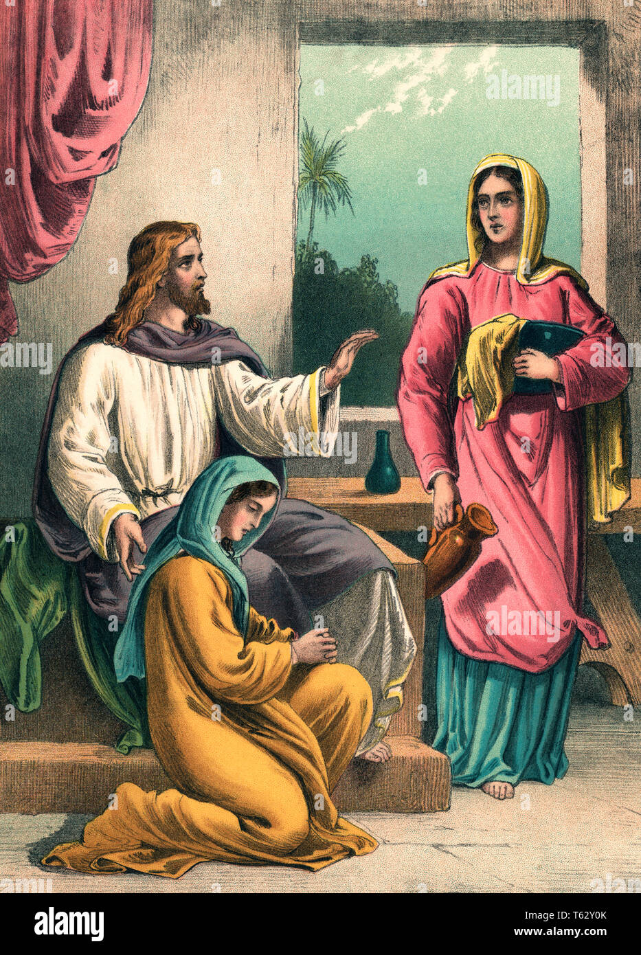 ILLUSTRATION OF JESUS WITH MARTHA AND MARY COLOR HALFTONE