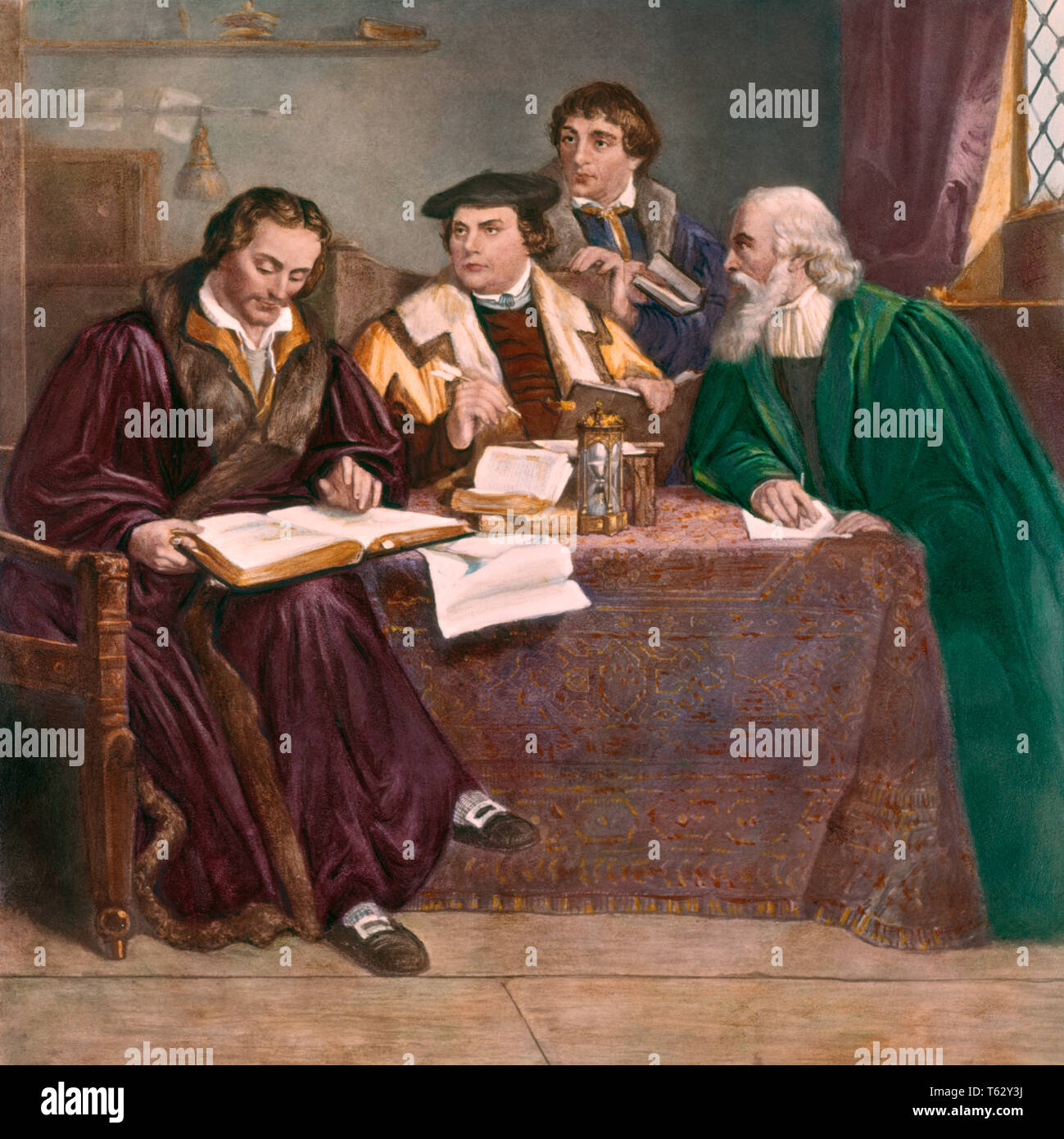 1500s 1530s MARTIN LUTHER AND PHILIPP MELANCHTHON TRANSLATING BIBLE INTO VERNACULAR GERMAN  - kr5880 SPL001 HARS LUTHER MARTIN MARTIN LUTHER WRITER TRANSLATING COOPERATION MELANCHTON 1500s 1530s 1534 CAUCASIAN ETHNICITY OLD FASHIONED PROTESTANT REFORMATION VERNACULAR Stock Photo