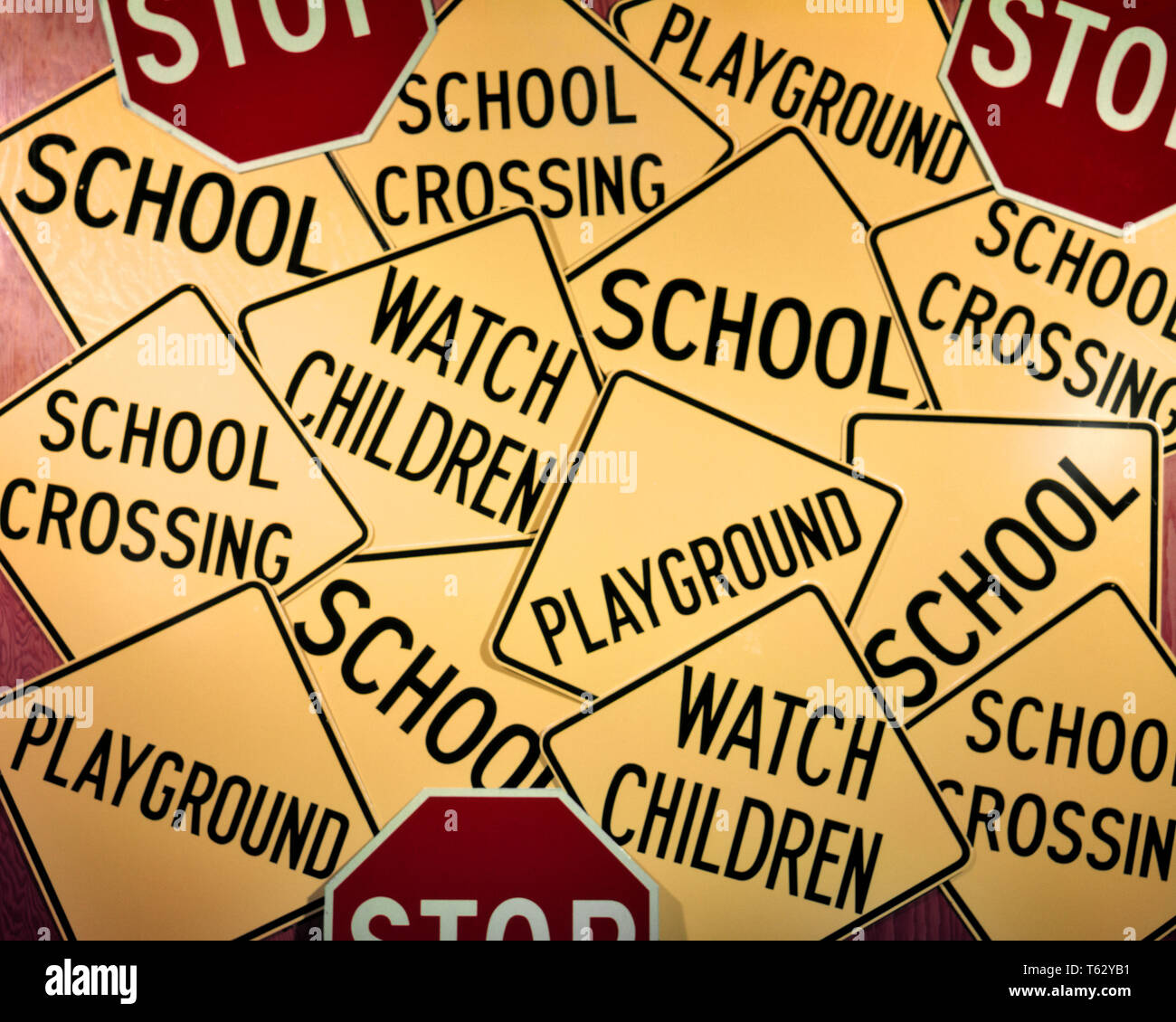 1950s 1960s OVERALL PATTERN ROAD SIGNS STOP SCHOOL CROSSING PLAYGROUND WATCH CHILDREN  - ks709 HAR001 HARS GRAPHIC EFFECT HAR001 OLD FASHIONED REPRESENTATION Stock Photo