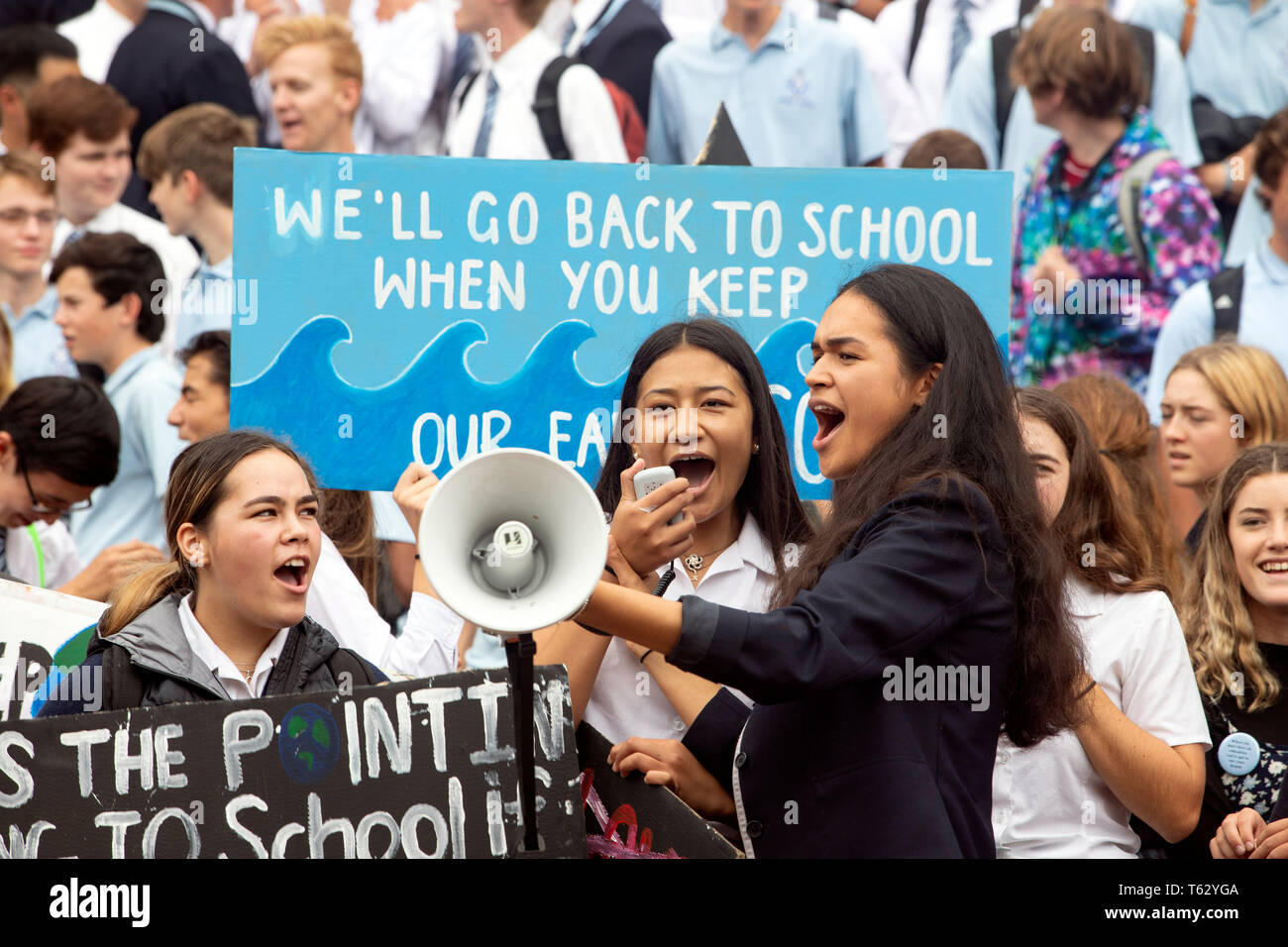 Picture by Tim Cuff - 15 March 2019 - Schoolchildren protest against climate change in the centre of Nelson, New Zealand Stock Photo