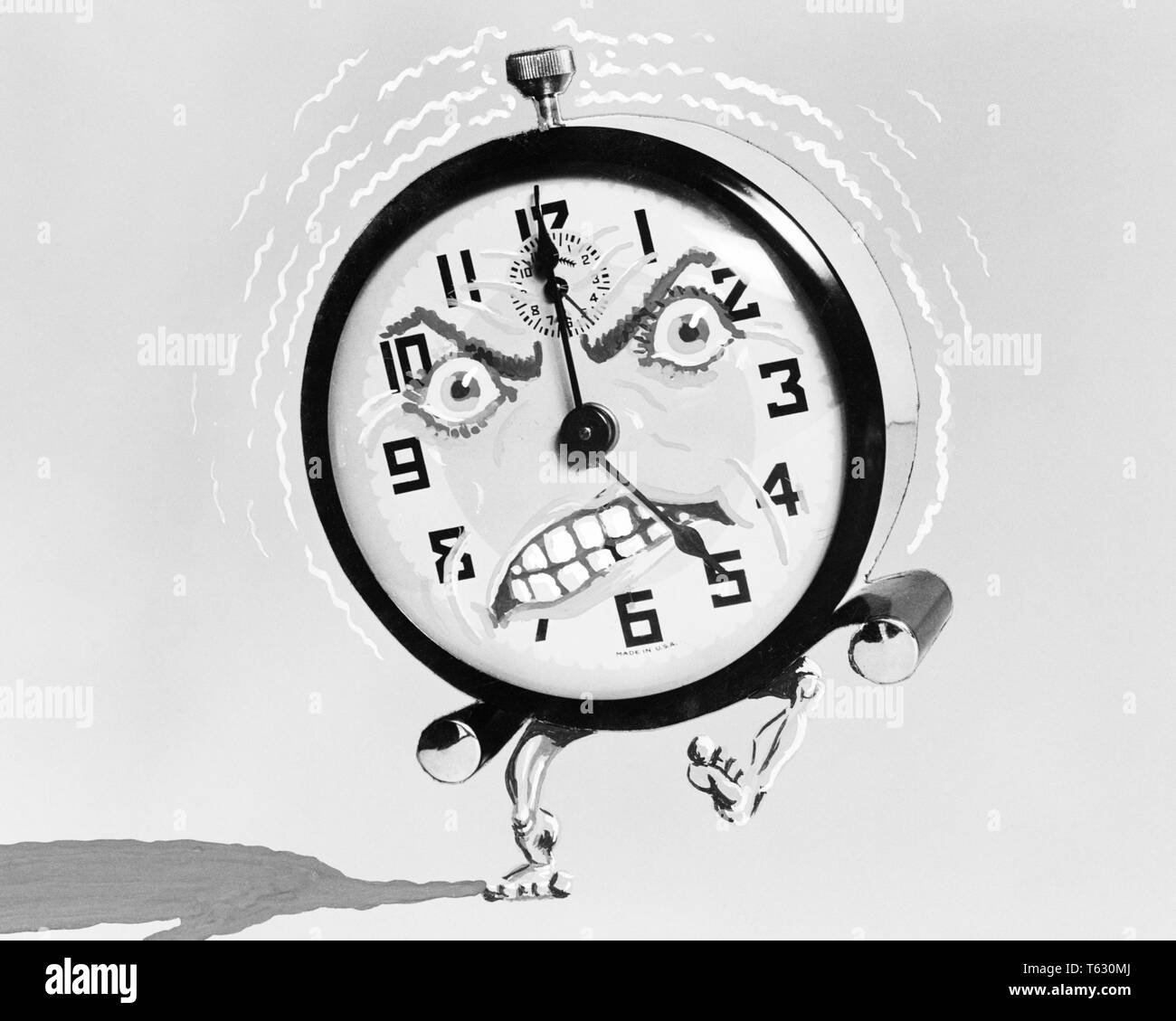 1930s 1940s ILLUSTRATION OF ALARM CLOCK WITH ANGRY FACE KICKING AND RINGING AT 5 AM IN THE MORNING - s7989 HAR001 HARS ANNOYING AWAKEN CONCEPTUAL HUMANIZED STILL LIFE ALERT AM DAWN NOISY ANGRILY GET UP O'CLOCK SYMBOLIC CONCEPTS ANTHROPOMORPHIC BLACK AND WHITE HAR001 OLD FASHIONED REPRESENTATION Stock Photo