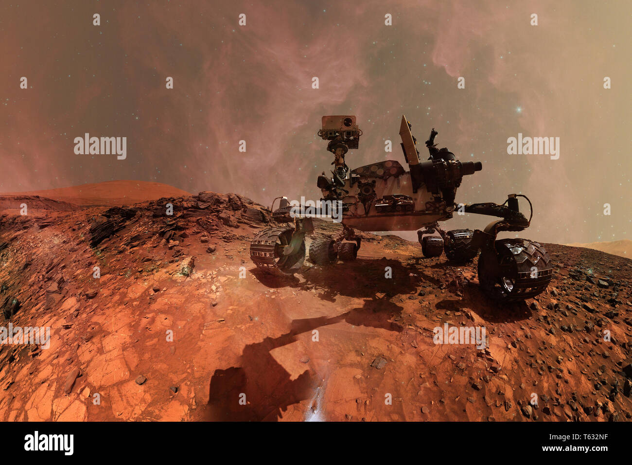 Curiosity Mars Rover exploring the surface planet of Mars. Elements of this image furnished by NASA. Stock Photo