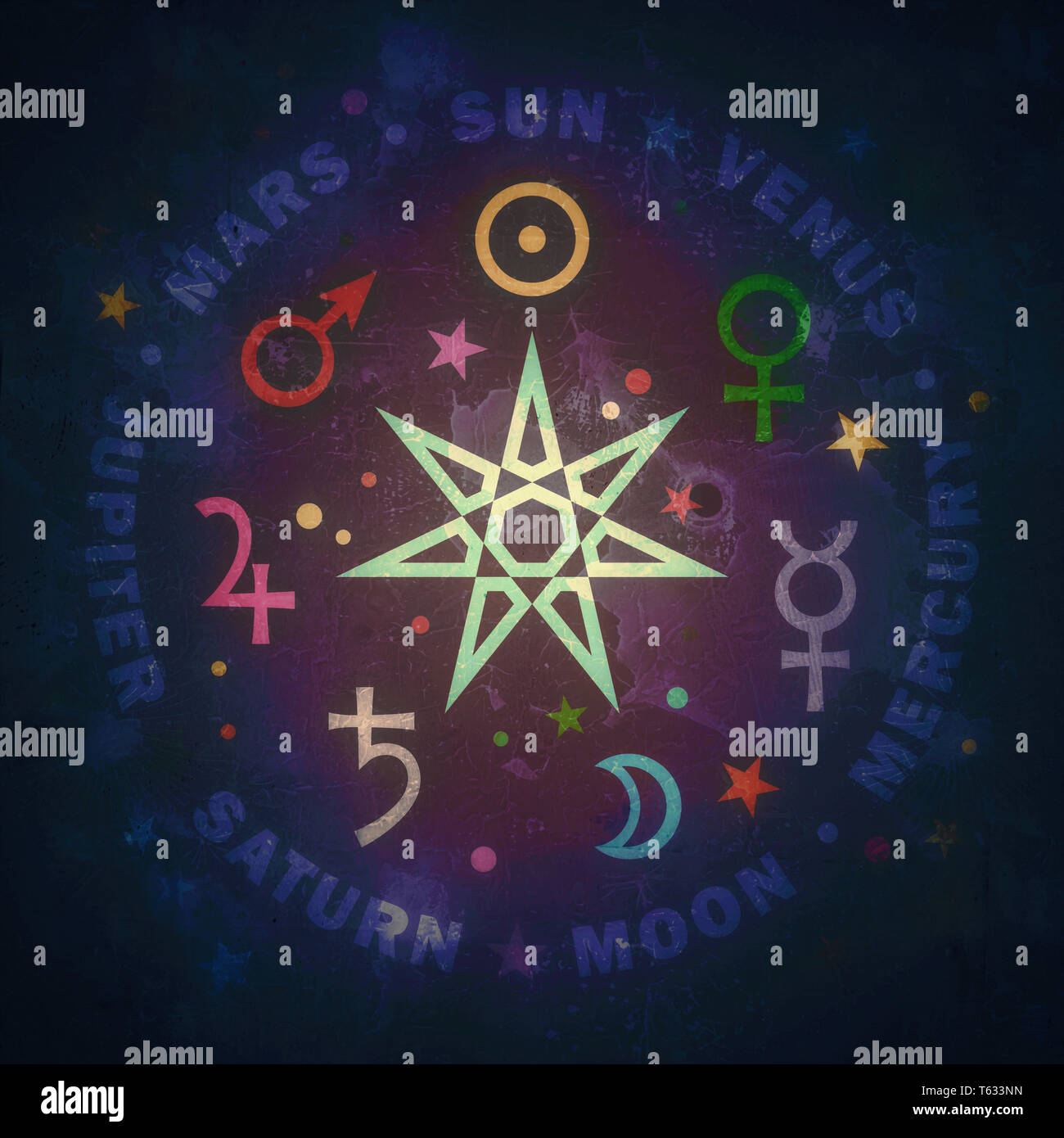 Ancient Star of Medieval magicians: The Septennaire — the seven classical planets of Astrology (vintage variant). Stock Photo