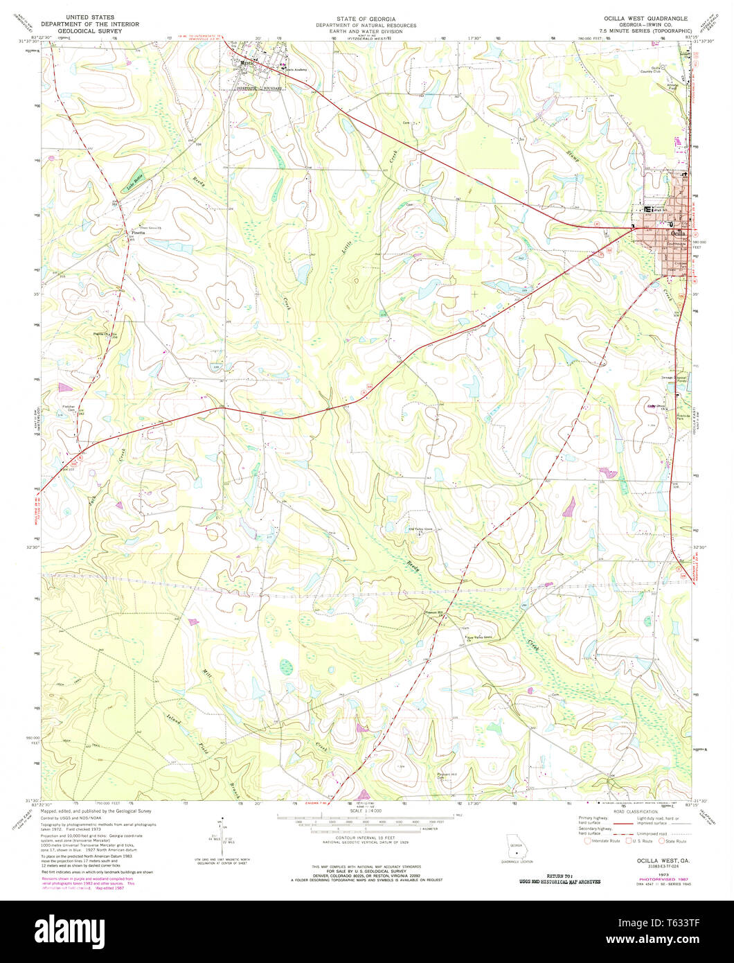 USGS TOPO Map Georgia GA Ocilla West 246589 1973 24000 Restoration Stock Photo