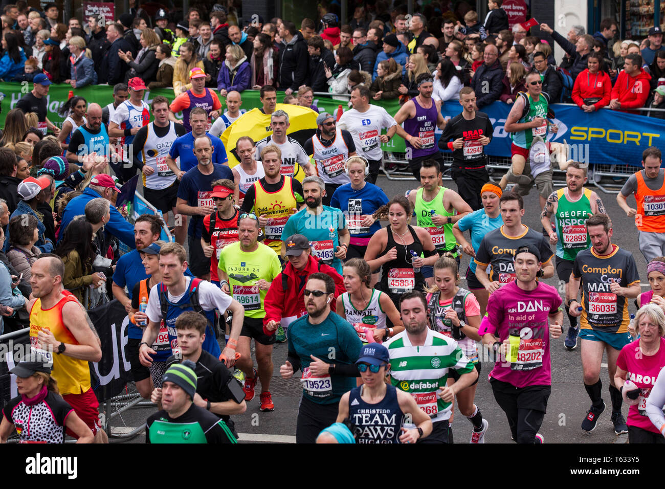 2019 Virgin Money London Marathon, over 40,000 runners took part in the marathon in London this weekend starting at Greenwich finishing on Pall Mall. Stock Photo