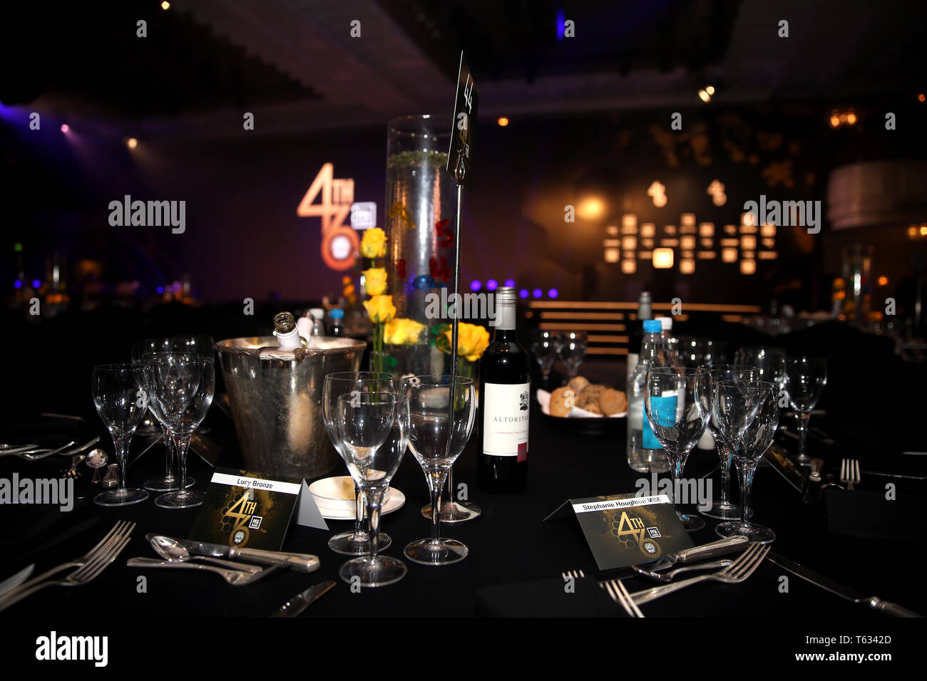 Table arrangement ahead of the 2019 PFA Awards at the Grosvenor House Hotel, London. Stock Photo