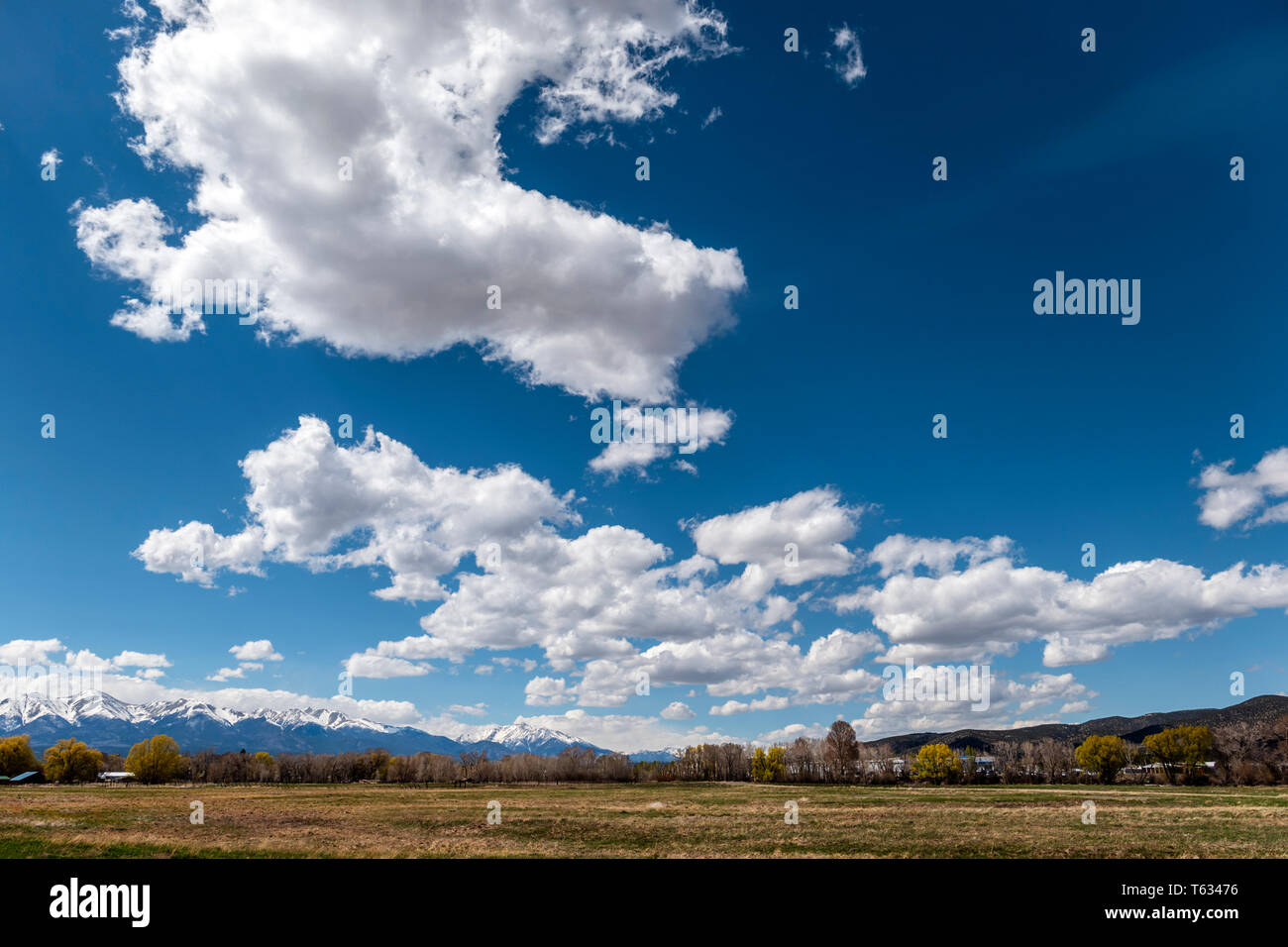Beautiful clouds and sky over ranch pastures; snow capped Rocky Mountains beyond; central Colorado; USA Stock Photo