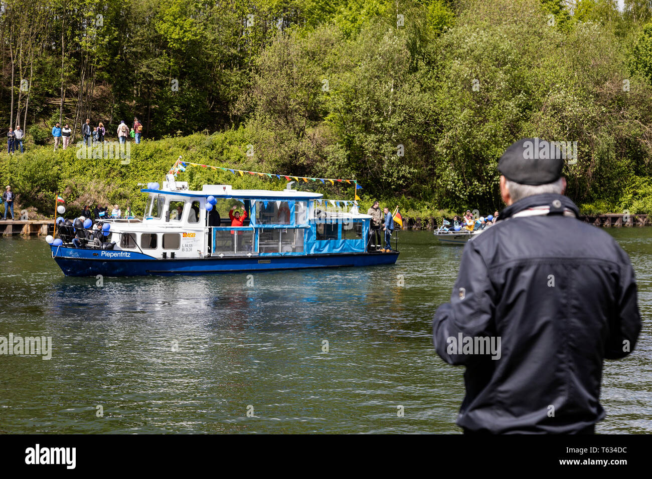 Gelsenkirchen, Germany. 28 April 2019. The KulturKanal ship parade takes place on  Rhine–Herne Canal (Rhein-Herne-Kanal) at Nordsternpark. Stock Photo