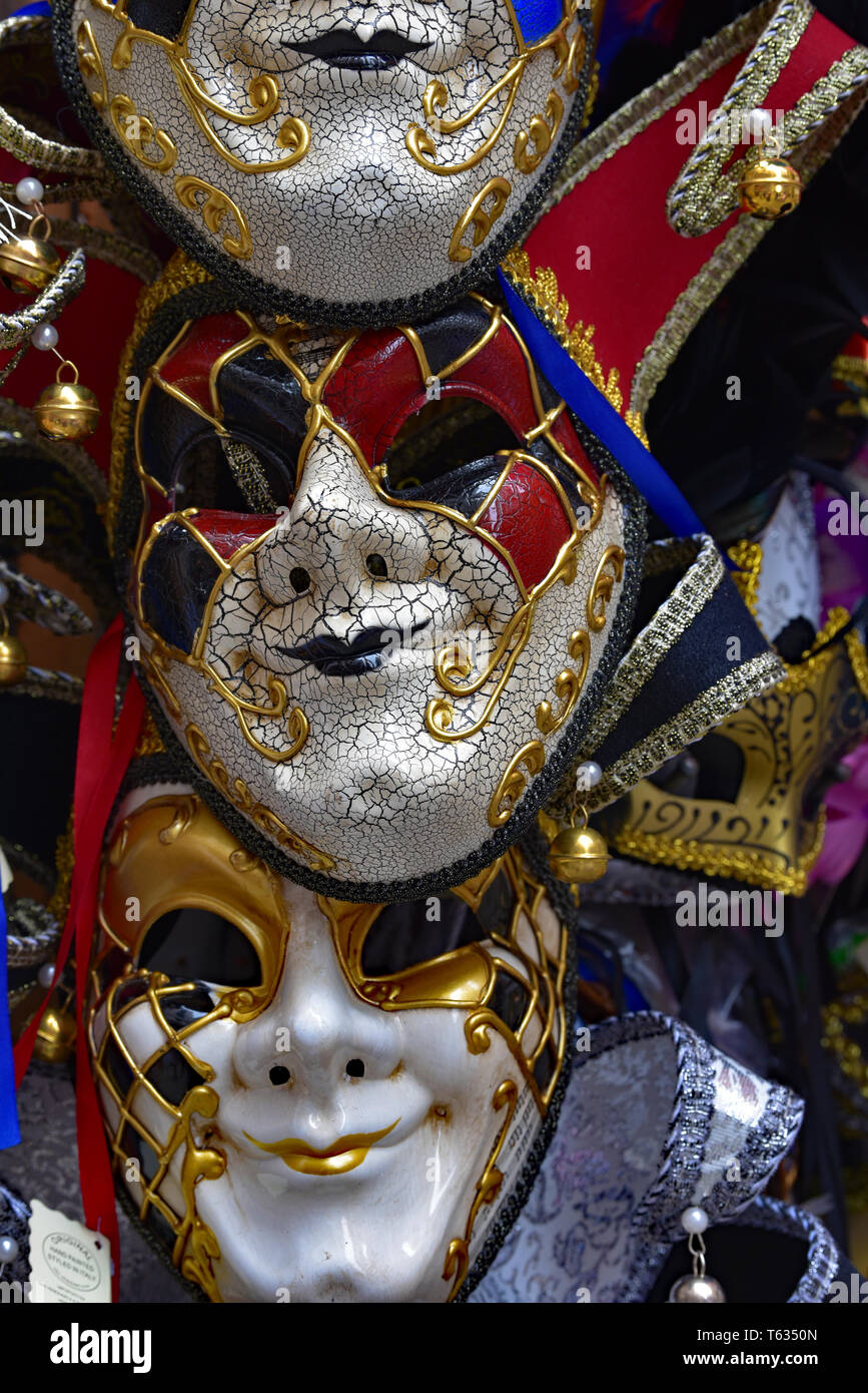 Traditional Venetian Carnival masks for sale, Venice, The Veneto, Italy, Europe. Stock Photo