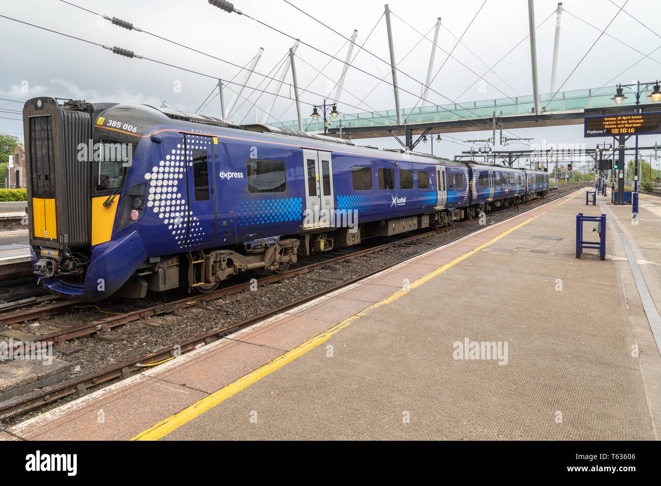 A Scotrail Class 385 electric train stands at Stirling Station. Following completion of electrification work trains of this type now use this station. Stock Photo