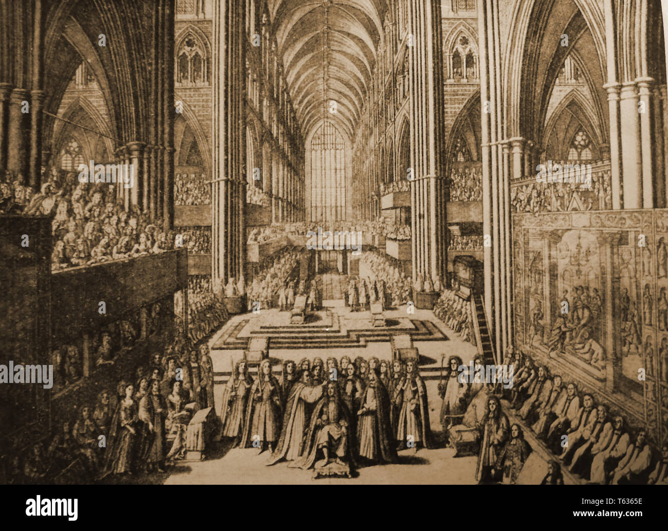 An old print showing the coronation of King James II of England and Ireland (James VII of Scotland)  and his wife queen Mary on 23 April 1685 in Westminster Abbey, London Stock Photo