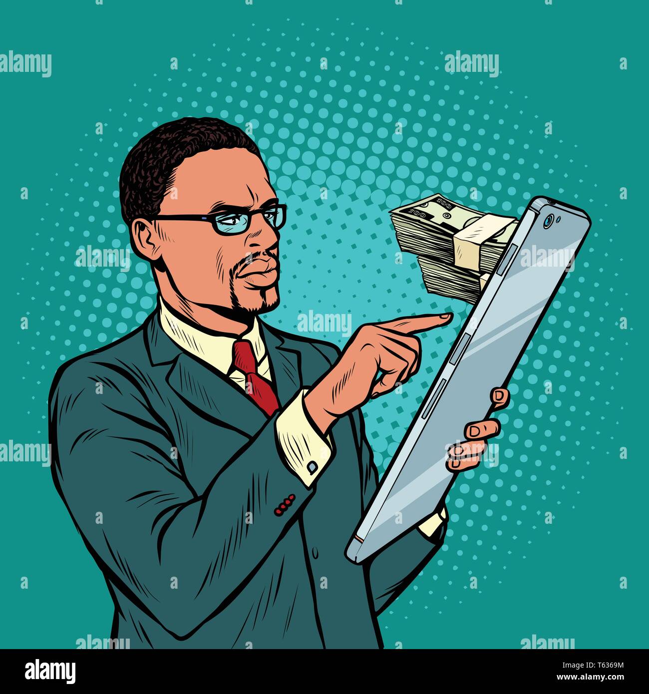 online banking. exchange, income and purchases. african businessman and smartphone with big screen Stock Vector