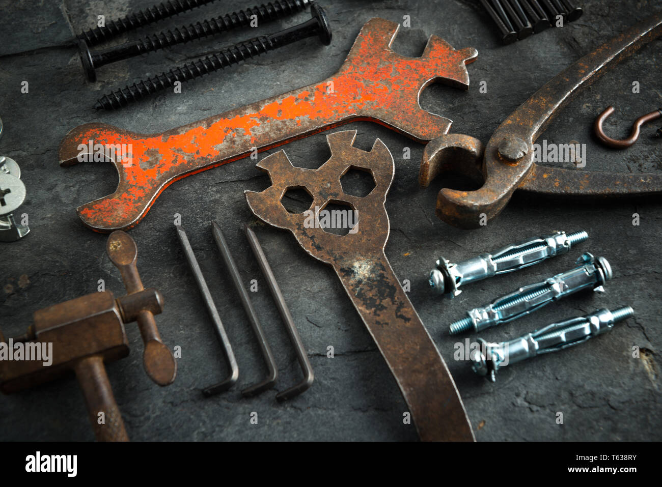 Collection aged vintage tools hi-res stock photography and images - Alamy