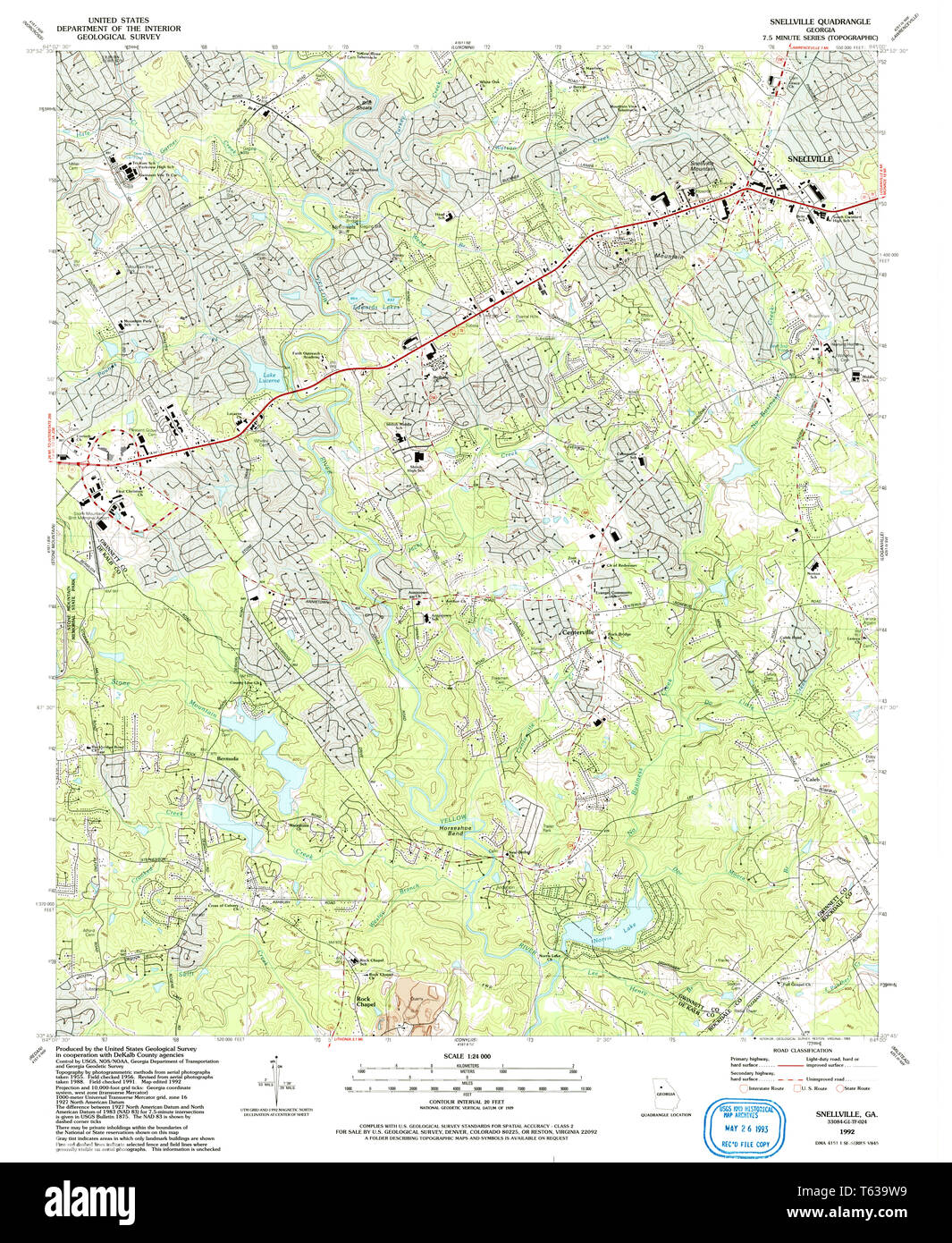 USGS TOPO Map Georgia GA Snellville 246932 1992 24000 Restoration Stock Photo