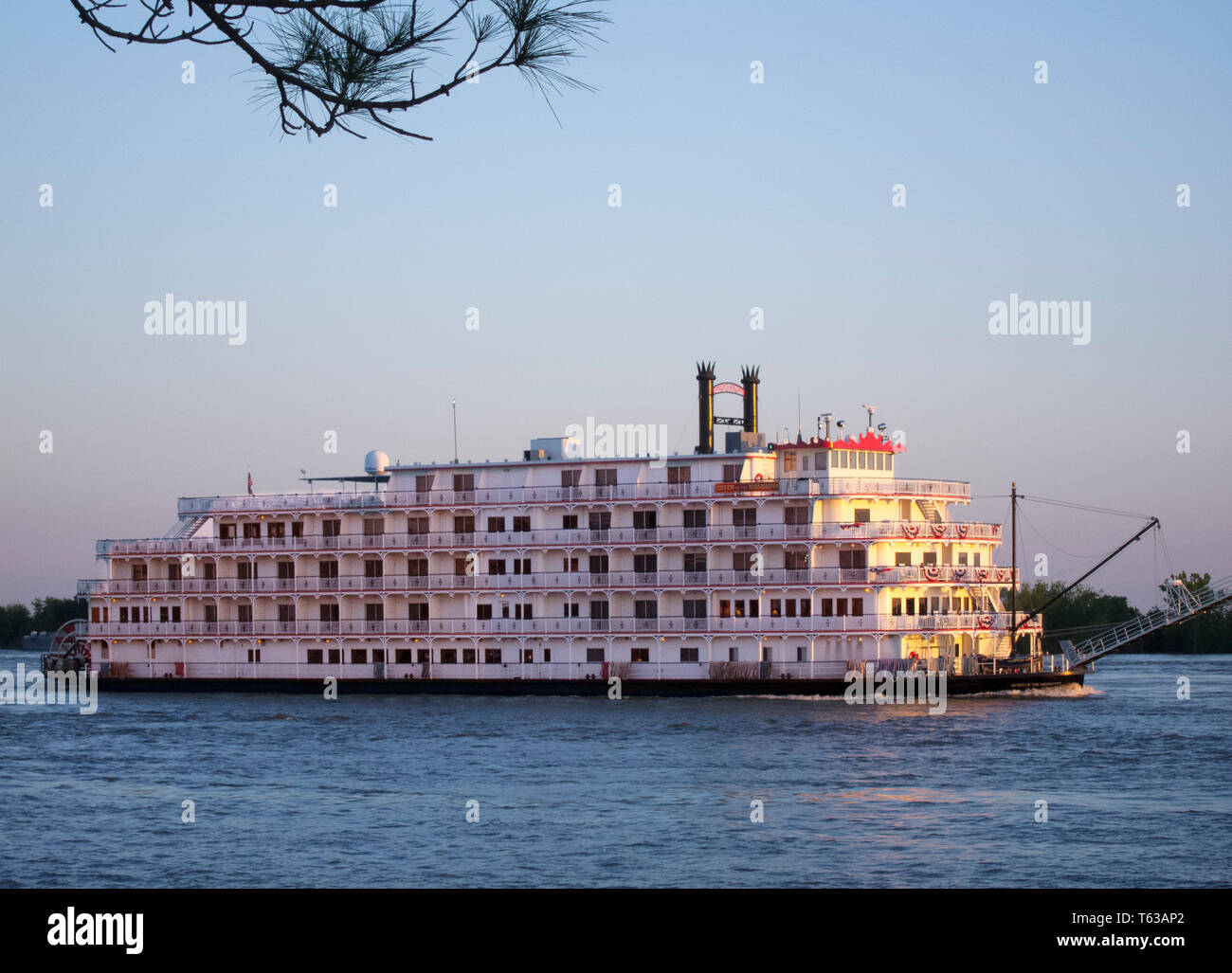 Steamboat 'Queen of the Mississippi' cruising down the Mississippi River in New Orleans, LA. Stock Photo