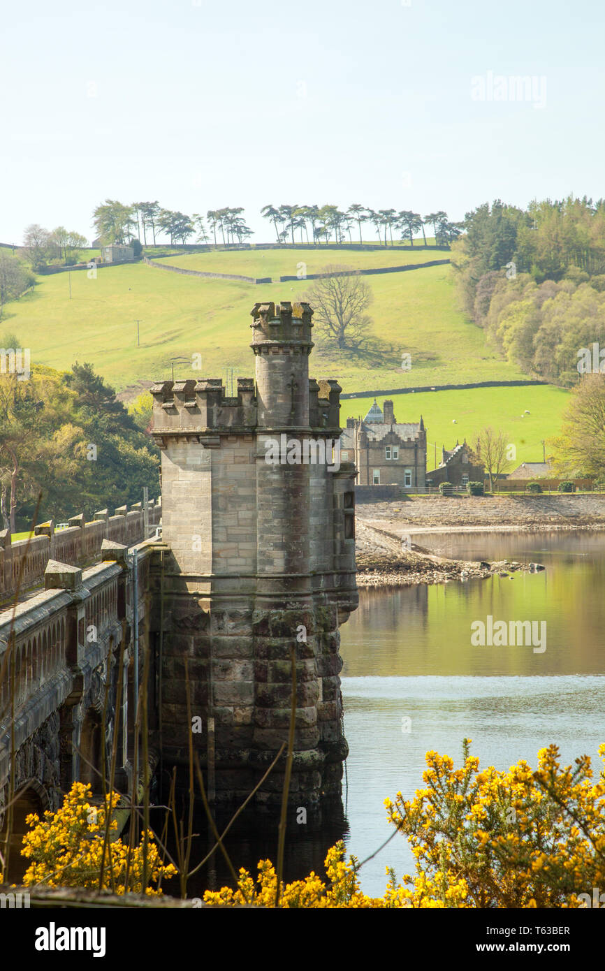 The dam wall over the Gouthwaite reservoir Nidderdale  in the Yorkshire Dales England UK Stock Photo