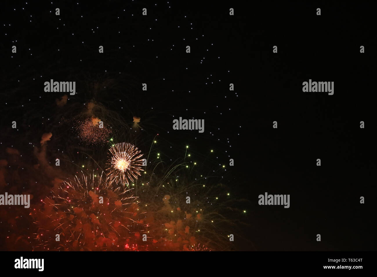 New Year's Eve fireworks and rockets on New Year's Day Stock Photo