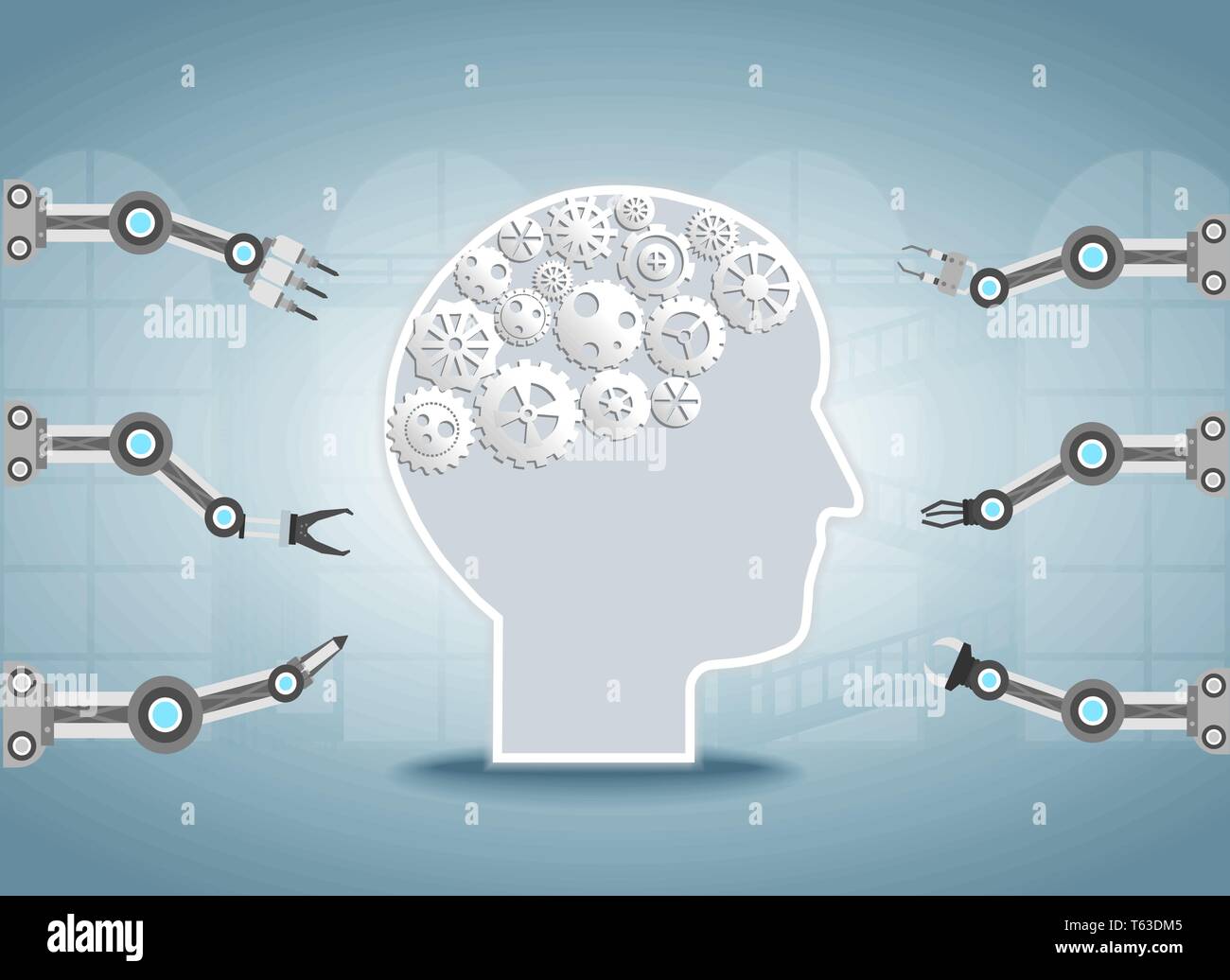 Smart factory concept with robotic arms and ai brain vector illustration Stock Vector