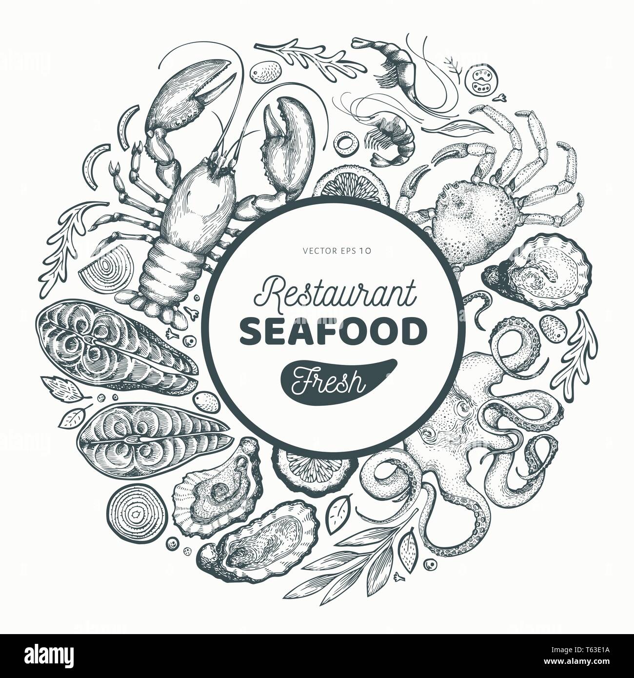 Seafood and fish design template. Hand drawn vector illustration. Can ...