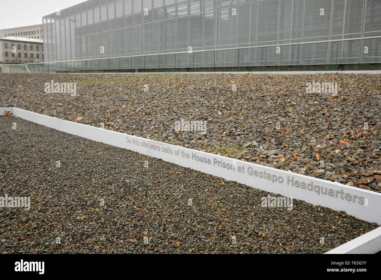 Site of the cells of the house prison at the Gestapo Headquarters, at the Topography of Terror, Berlin, Germany. Stock Photo