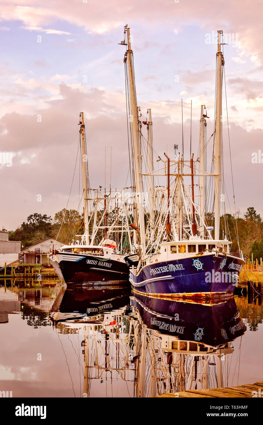 Shrimp boats, including Miss Hannah and Analyese Marie, are docked