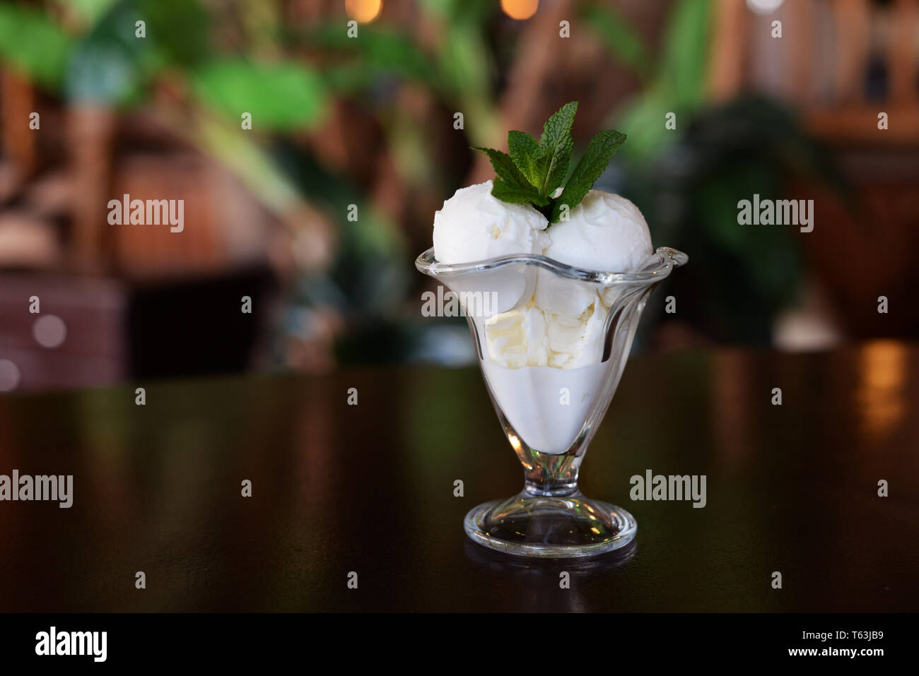 delicious vanilla ice cream dessert with a mint leaf on a bar in a ...