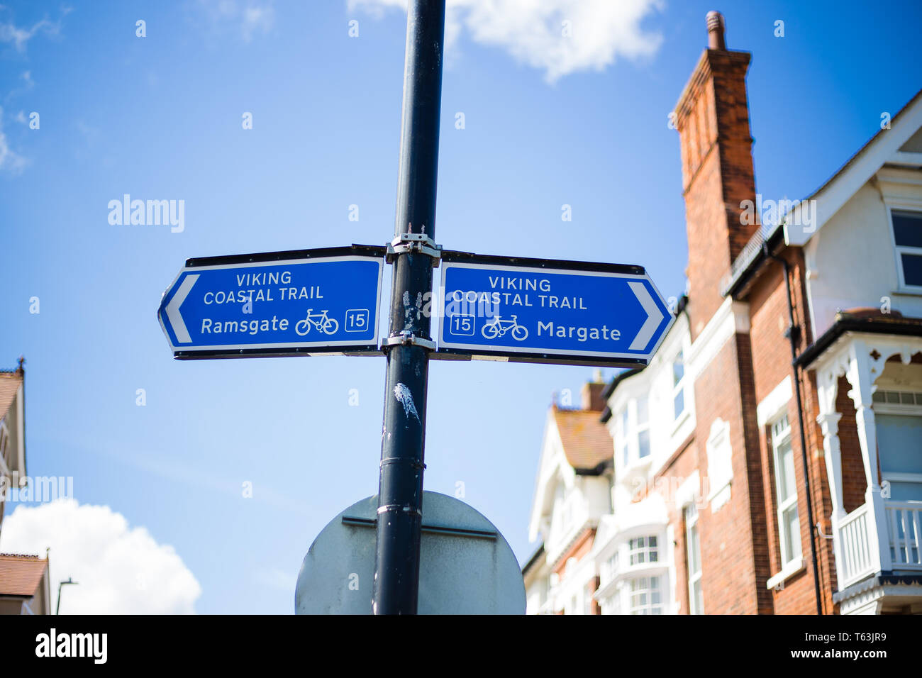 Broadstairs, Kent, UK. Two blue signs showing the direction of the Viking Coastal walk. One directing to Ramsgate the other to Margate. Stock Photo